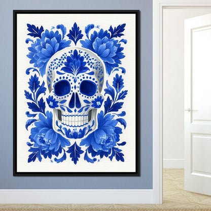 Blue Floral Sugar Skull Folkstyle Canvas Wall Art