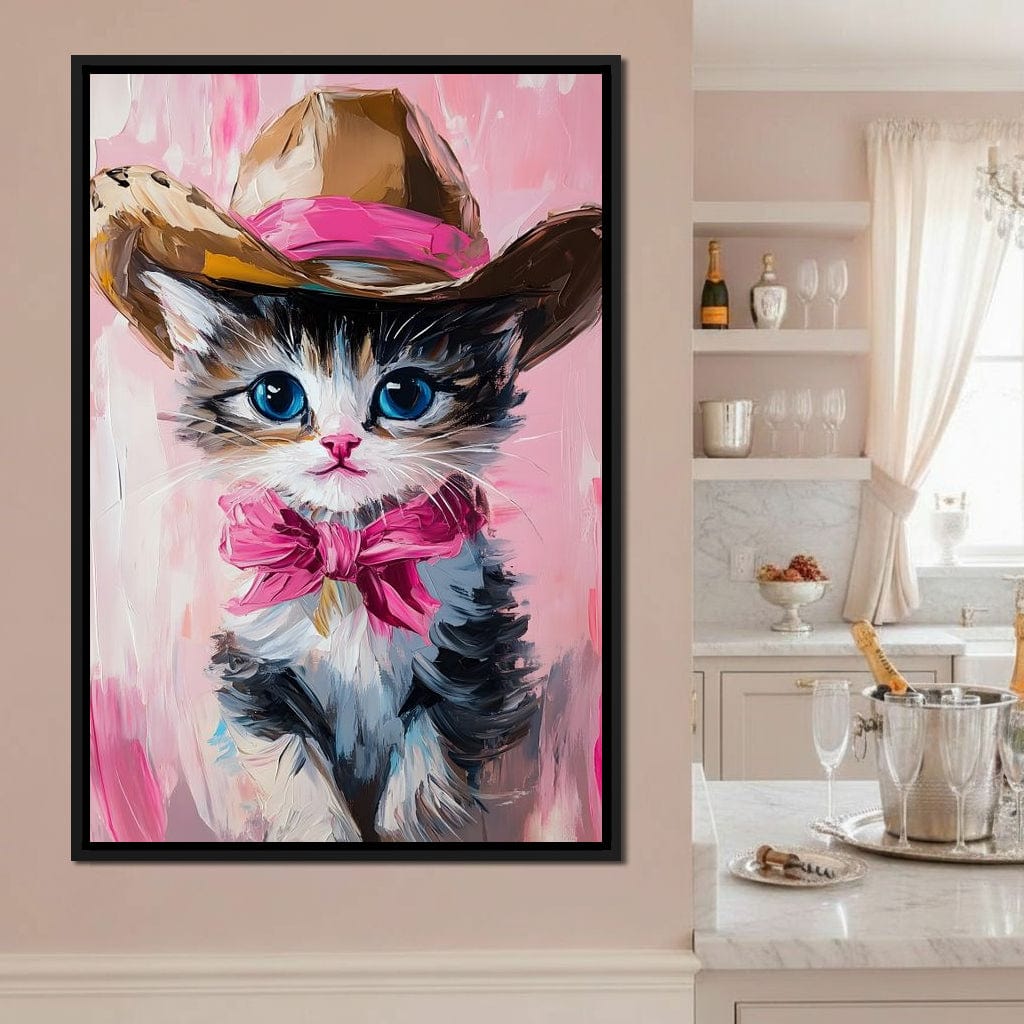 Cowboy Kitten Pink Bow Charm Canvas Wall Art
