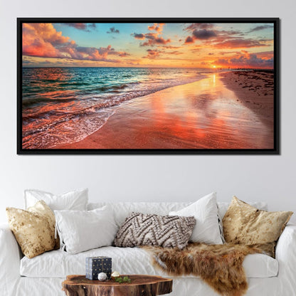 Sunset Over an Ocean Beach Shore Canvas Wall Art