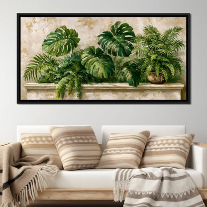 Sun Dappled Foliage On A Plaster Ledge Canvas Wall Art