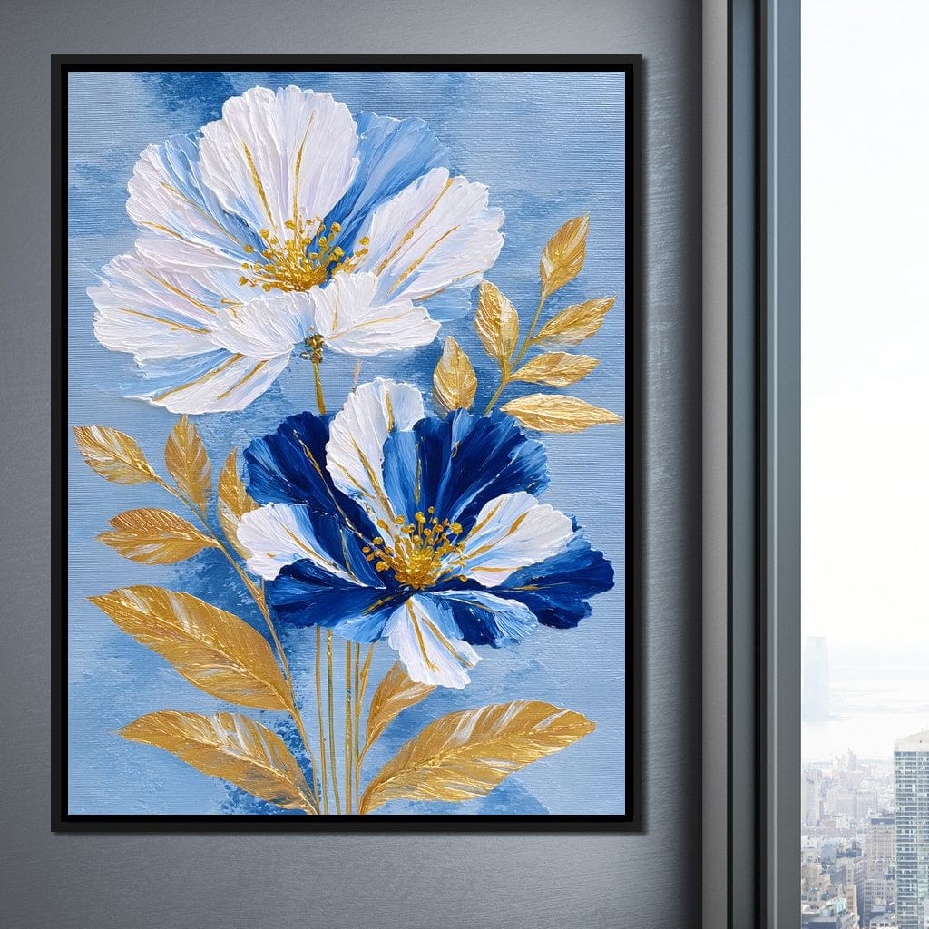 Blue White Peony Gold Leaf Canvas Wall Art