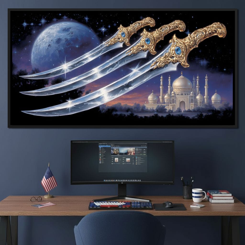 Moonlit Blades Over Golden Palace Canvas Wall Art