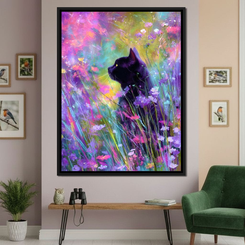 Midnight Feline Among Wildflowers Canvas Wall Art