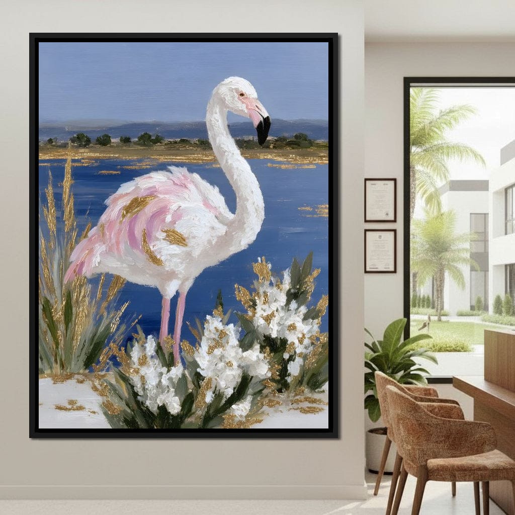 Coastal Flamingo Gold Glint Canvas Wall Art