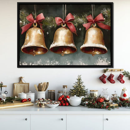 Snow Kissed Golden Holiday Bells Canvas Wall Art