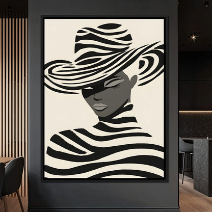 Monochrome Zebra Hat Lady Canvas Wall Art