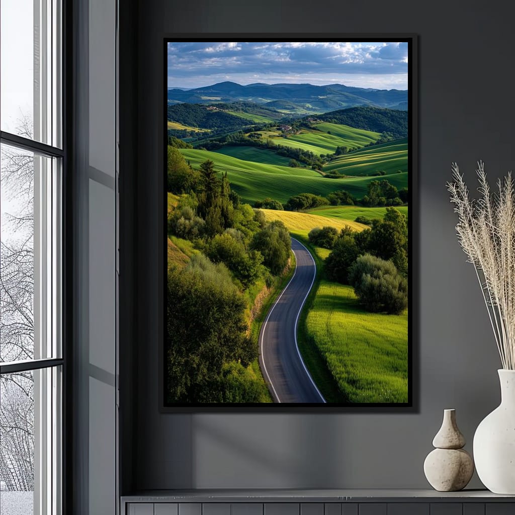 Sunlit Valley Roadscape Canvas Wall Art