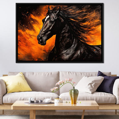 Stallion Amidst Ember Blaze Canvas Wall Art