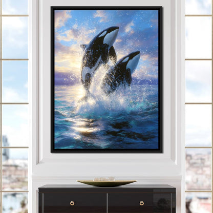 Breaching Orcas Dawn Ocean Dance Canvas Wall Art