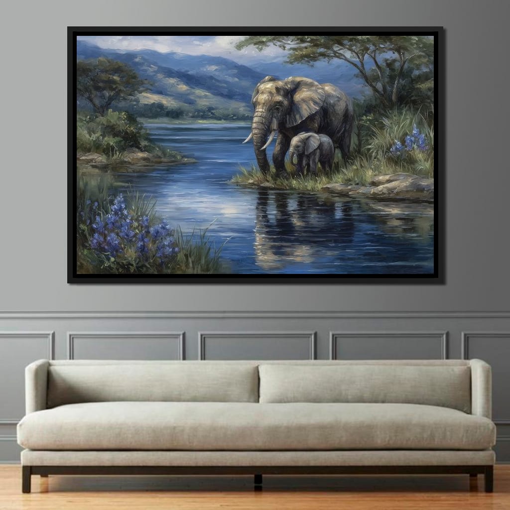 Elephant Family Riverbank Dream Canvas Wall Art