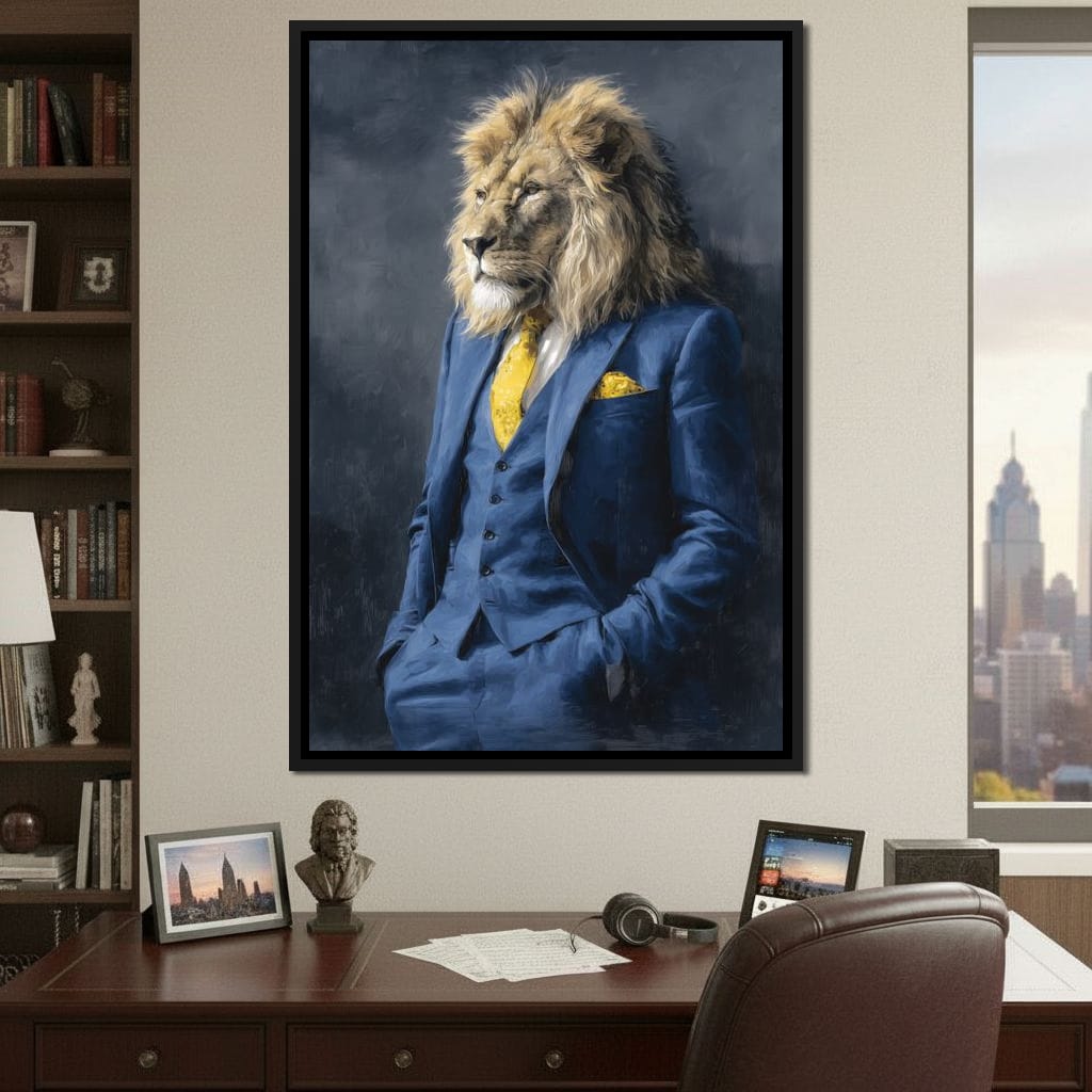 Regal Lion Portrait Blue Suit Canvas Wall Art