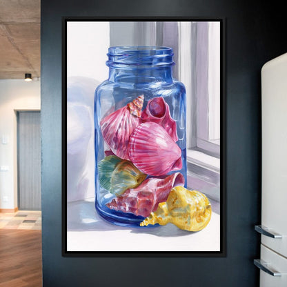Seashells Jar Sunlit Window Canvas Wall Art