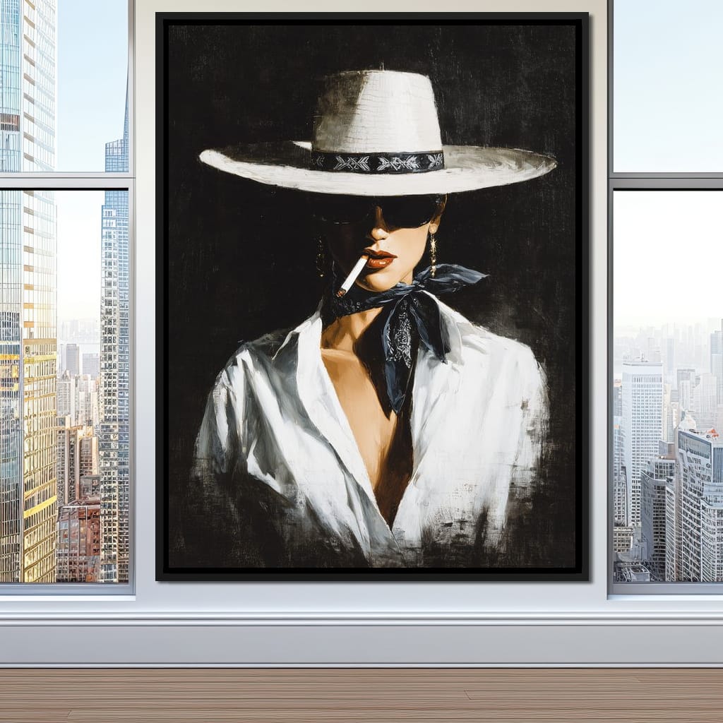 Noir Cowgirl Smoking Portrait Canvas Wall Art