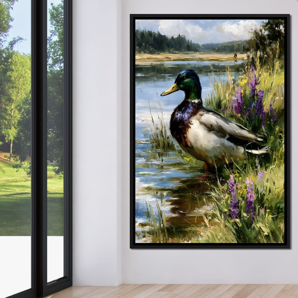 Solitary Mallard By The Still Shore Canvas Wall Art