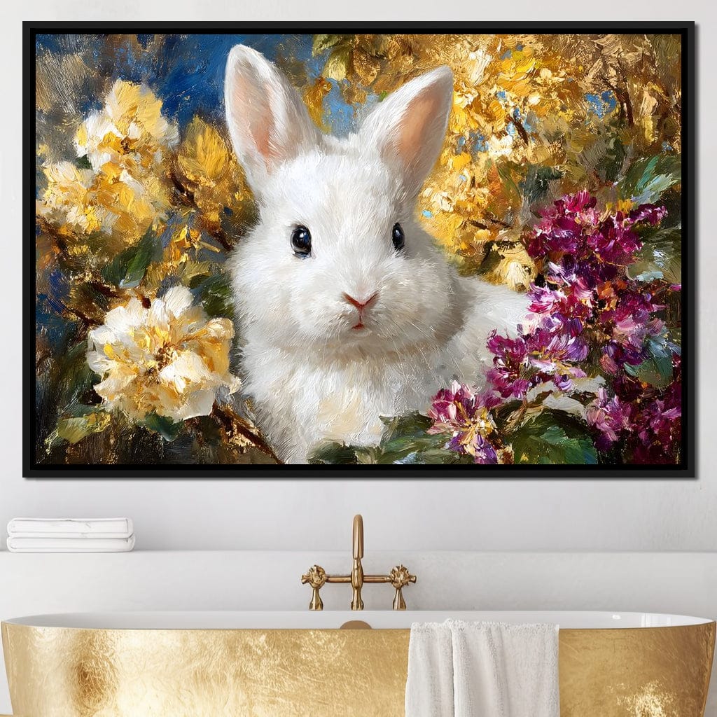White Bunny Garden Bouquet Canvas Wall Art