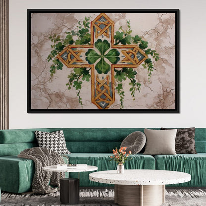 Celtic Cross Clover Wreath Canvas Wall Art