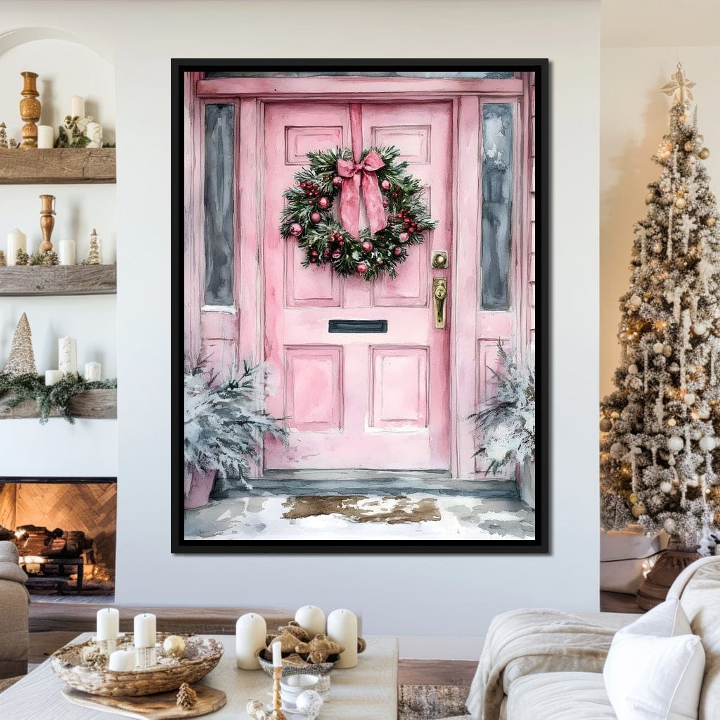 Winter Welcome Pink Door Canvas Wall Art