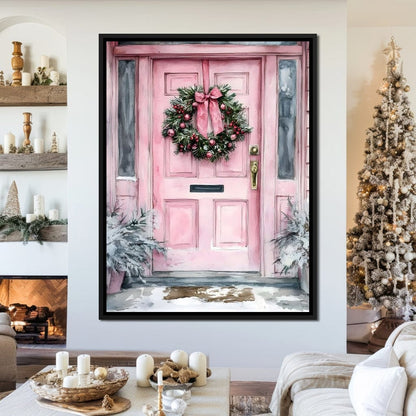 Winter Welcome Pink Door Canvas Wall Art