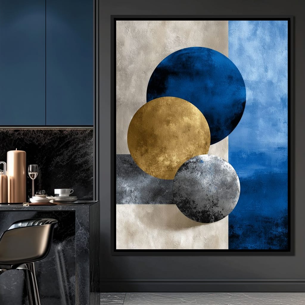 Modern Geometric Blue Gold Orbit Canvas Wall Art