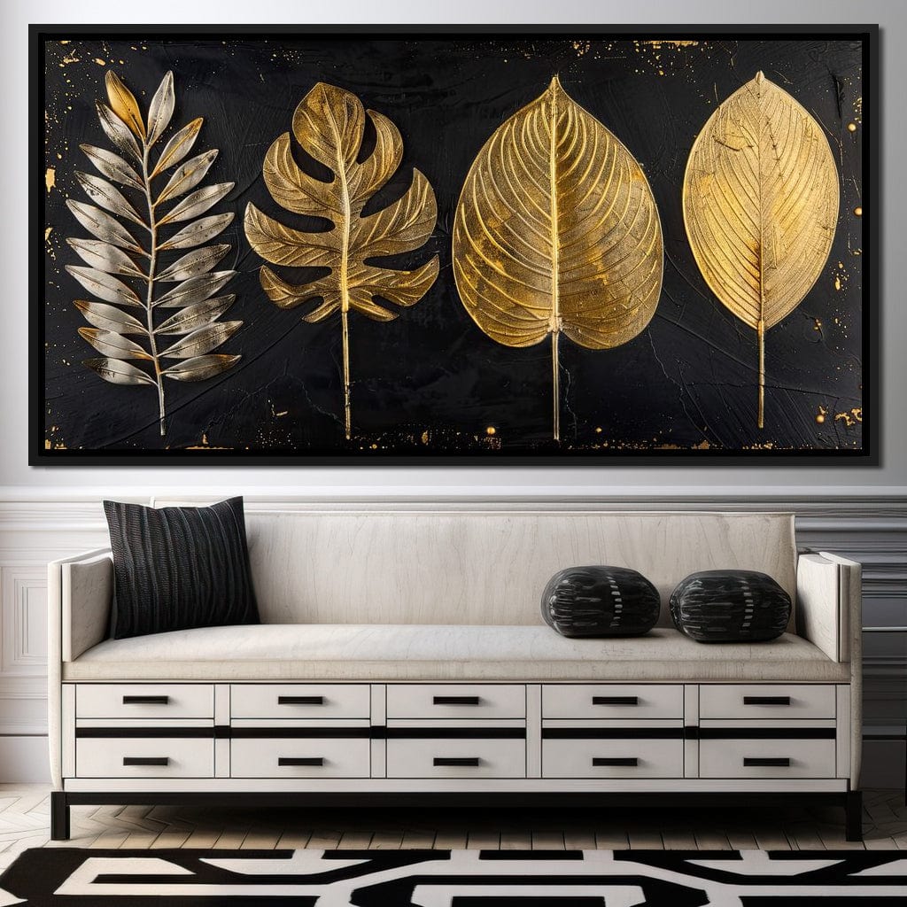 Golden Leaves on Black Background Canvas Wall Art