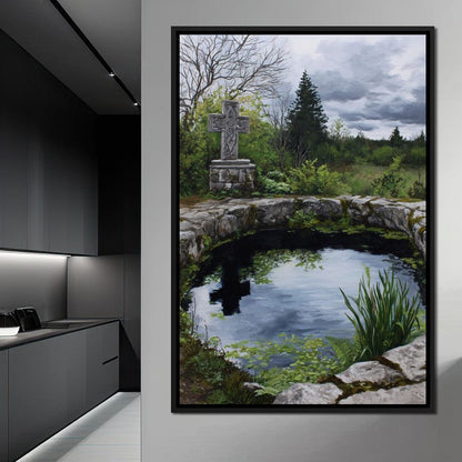 Celtic Cross Garden Pond Sky Canvas Wall Art