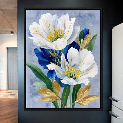 White Peony Blue Petals Gold Canvas Wall Art
