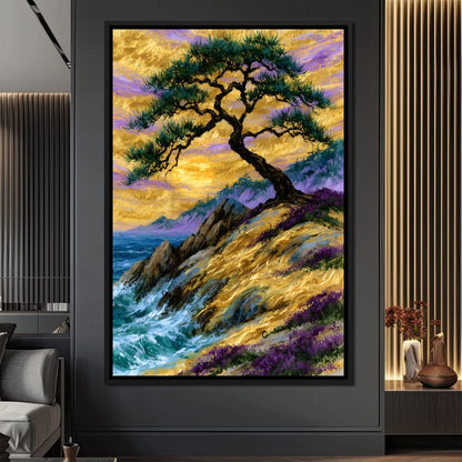 Golden Shoreline Beneath An Ancient Pine Canvas Wall Art