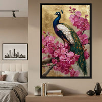 Golden Peacock Cherry Blossom Canvas Wall Art
