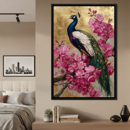 Golden Peacock Cherry Blossom Canvas Wall Art