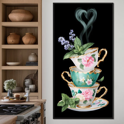 Golden Teacups Botanical Romance Canvas Wall Art