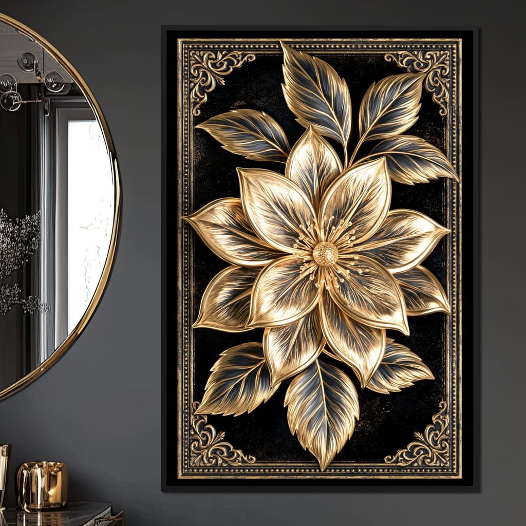 Gilded Petals on Obsidian Fields Canvas Wall Art