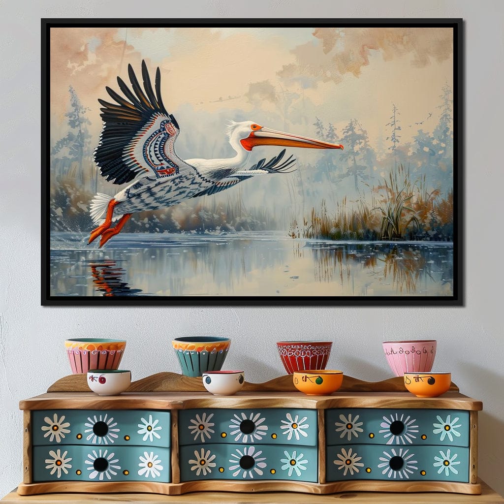Ethereal Pelican's Graceful Glide Canvas Wall Art