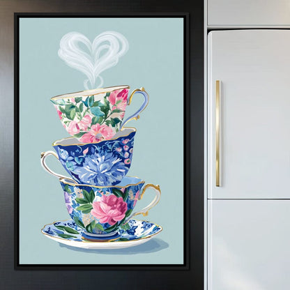 Vintage Floral Teacup Stack Delight Canvas Wall Art