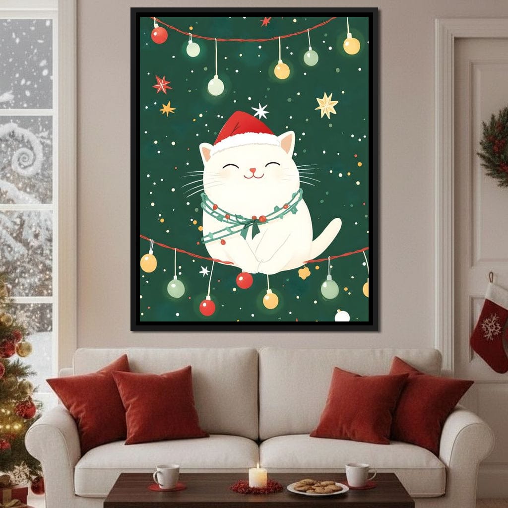 Jolly Santa Kitty Holiday Lights Canvas Wall Art