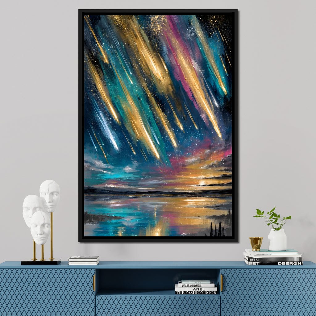 Golden Meteors Over Silent Lake Canvas Wall Art