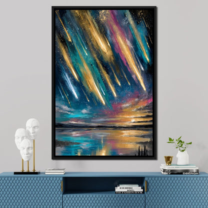 Golden Meteors Over Silent Lake Canvas Wall Art