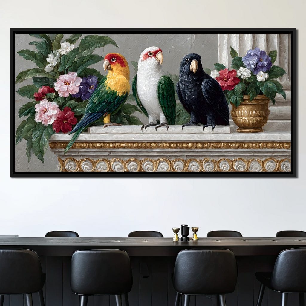 Parrot Trio On Florid Ledge Canvas Wall Art
