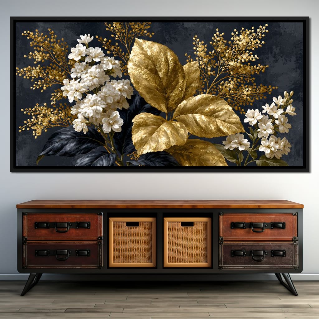 Gilded Foliage Upon Midnight Velvet Canvas Wall Art