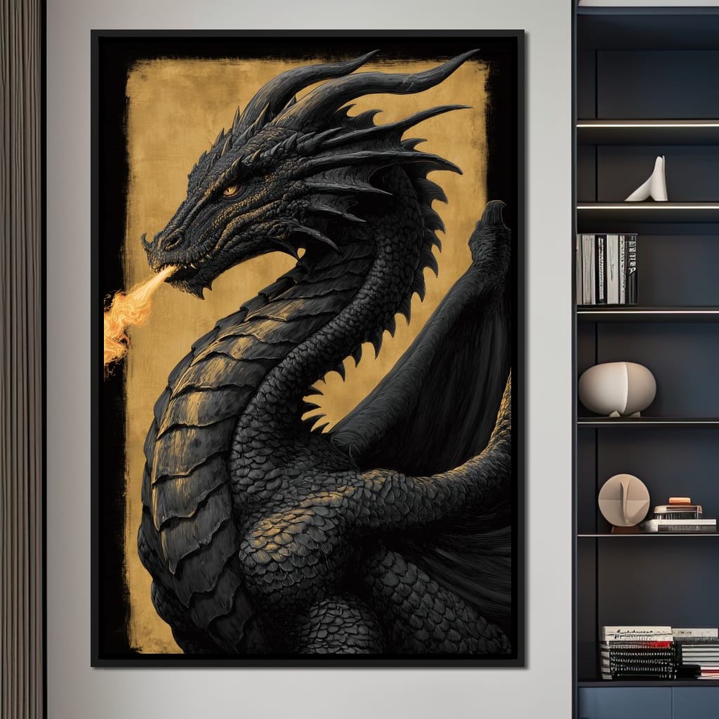 Golden Firebreath Dragon King Canvas Wall Art
