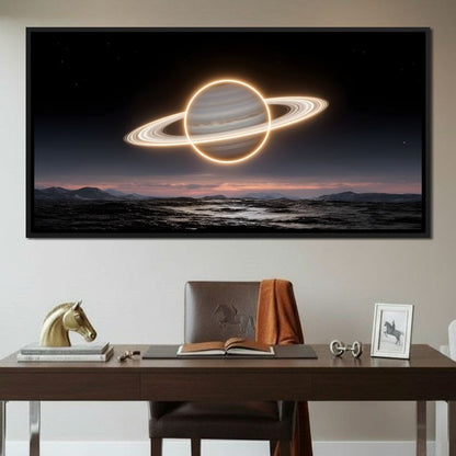 Luminous Saturn Over Alien Sea Canvas Wall Art