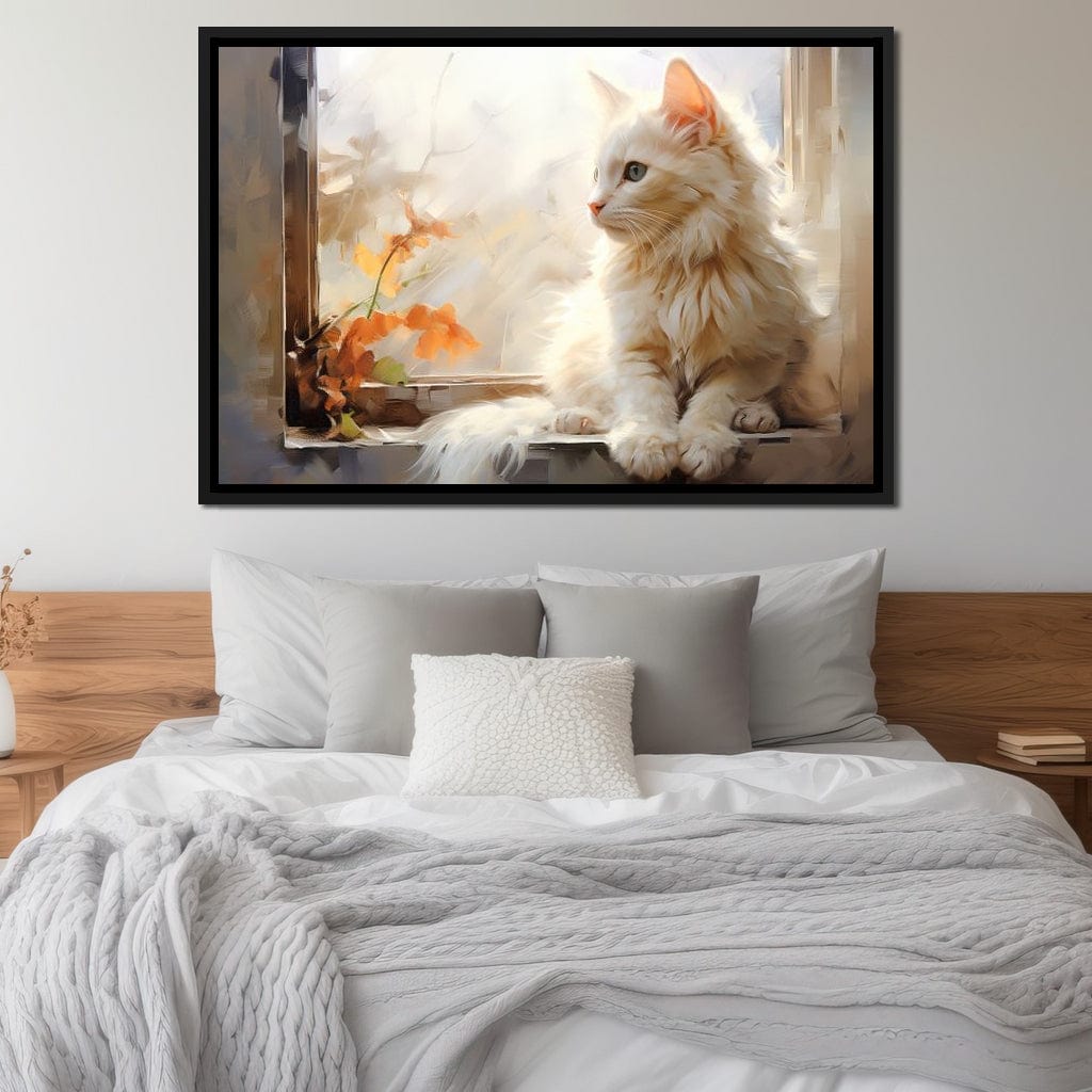 White Cat Sitting on Windowsill Canvas Wall Art
