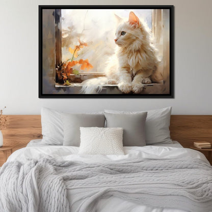 White Cat Sitting on Windowsill Canvas Wall Art