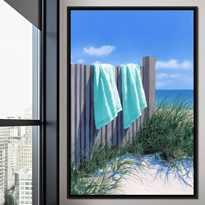 Coastal Towels On Dune Fence Canvas Wall Art