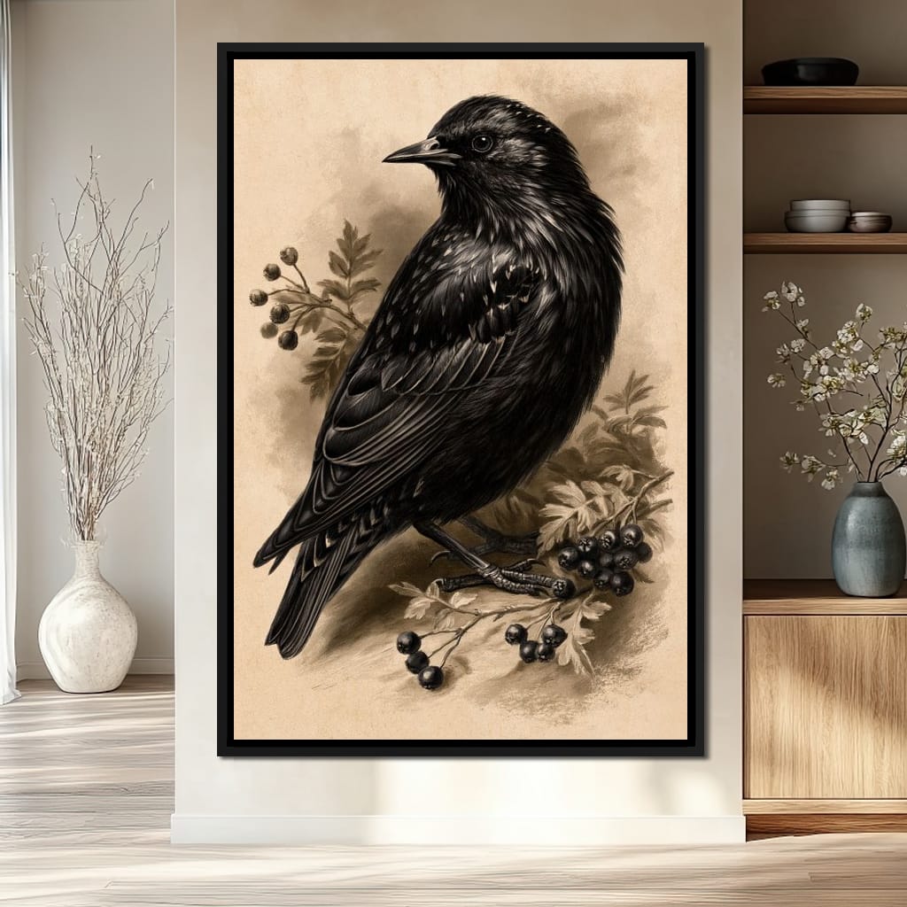 Solitary Starling Perched Upon Hawthorn Branch Canvas Wall Art