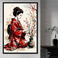 Japanese Woman with Cherry Blossoms Canvas Wall Art