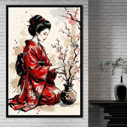 Japanese Woman with Cherry Blossoms Canvas Wall Art