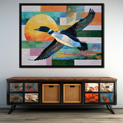 Flying Loon Over Golden Sun Canvas Wall Art