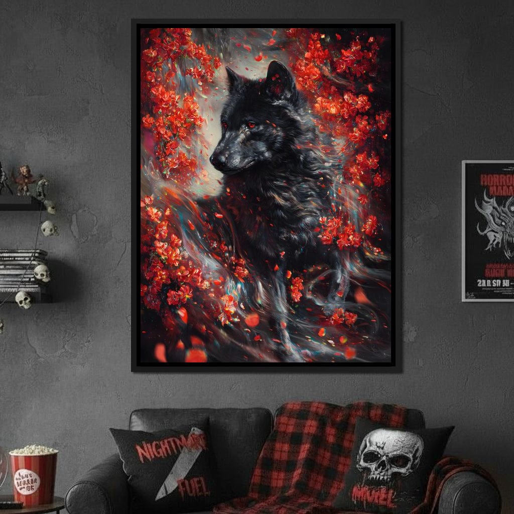 Black Wolf Rose Petal Storm Canvas Wall Art