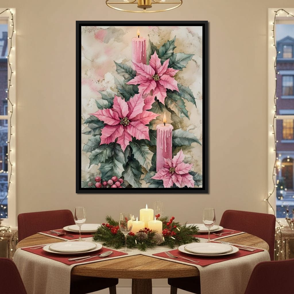 Festive Poinsettia Candle Glow Canvas Wall Art