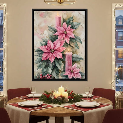 Festive Poinsettia Candle Glow Canvas Wall Art